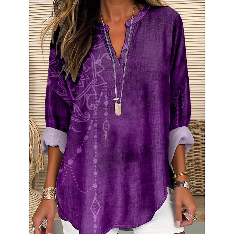 Women's Shirt Floral Stylish Modern Long Sleeve V Neck Regular Tops Daily Holiday Buttons Print Purple Green Summer