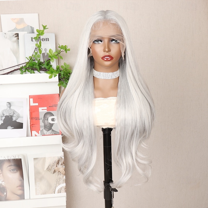 Synthetic Lace Wig Body Wave Style 30 inch Gray Middle Part 13x6 Lace Front Wig Women's Wig Creamy-white2
