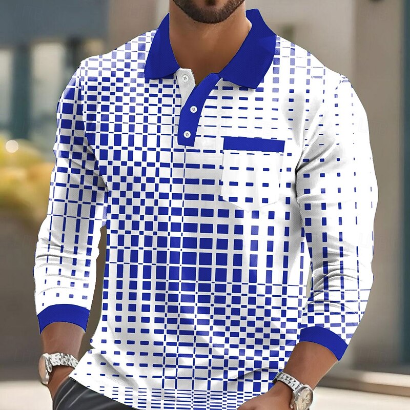 Men's Geometric Polo Long Sleeve Polo Shirts Collared Shirts Business Casual Business Athleisure Daily Wear Buttons Pocket 3D Print Spring Fall Winter Black Blue Sky Blue3