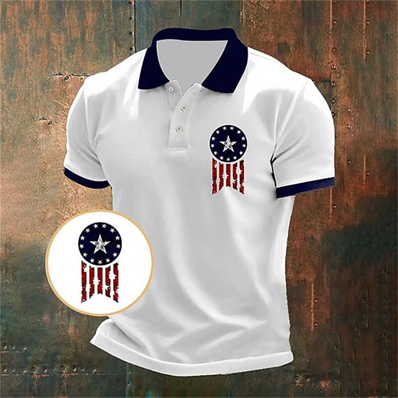American Independence Day Men's American US Flag Polo Shirts Button Up Polos Golf Shirt Short Sleeve Polo Shirts Lapel Fashion Casual Daily Festival Print Summer White Red Blue2