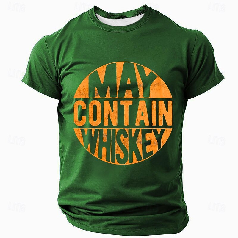 Men's Short Sleeve T-Shirt with Funny 'May Contain Whiskey' Graphic Print, Humorous Wordplay Alcohol Tee3