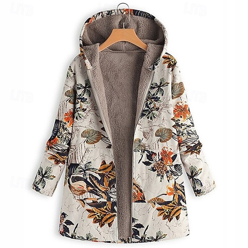 Women's Fleece Jacket Coat Hoodie Jacket Warm Comfortable Zipper Pocket Fashion Modern Casual Geometric Going out Weekend Zipper Regular Hooded Regular Fit Long Sleeve Outerwear Red Orange Winter