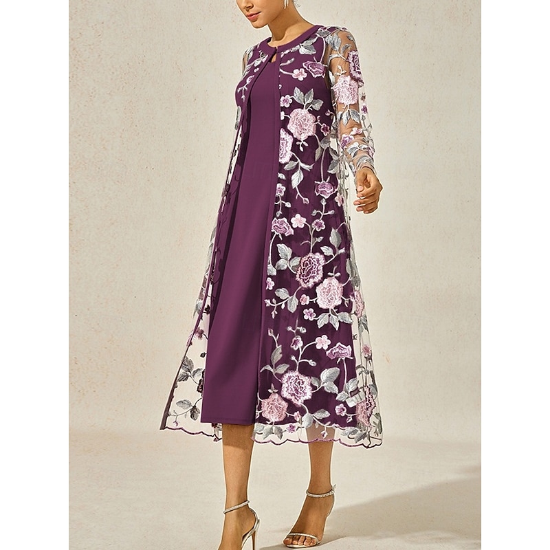Women's Tea Length Sheath Dress Dress With Jacket Elegant Cocktail Semi Formal Wedding Party Wedding Guest Floral Long Sleeve Crew Neck Purple Spring Fall Winter4