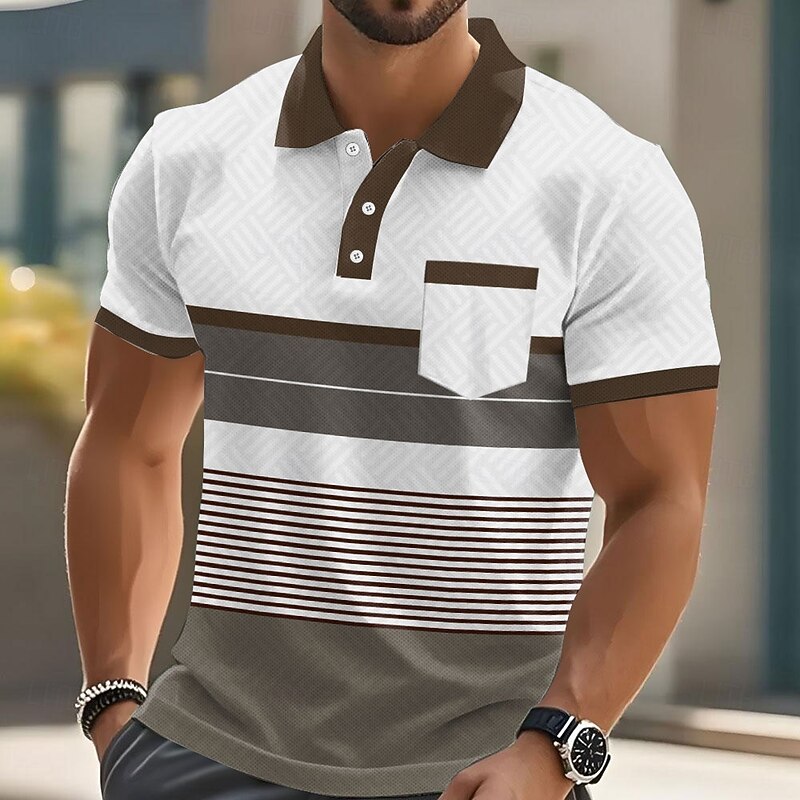 Men's Stripes Polo Short Sleeve Polo Shirts Collared Shirts Business Casual Outdoor Athleisure Daily Wear Pocket 3D Print Buttons Summer Blue Brown Green3