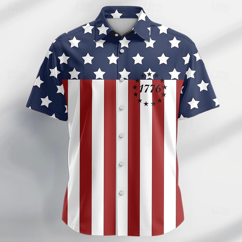 Independence Day Men's US Flag Patriotic 1776 Shirt Casual Shirt Cuban Collar Shirt Short Sleeve Fashion Casual Holiday Streetwear Summer Spring Camp Collar Shirt 3D Print Button Up Shirts White Red
