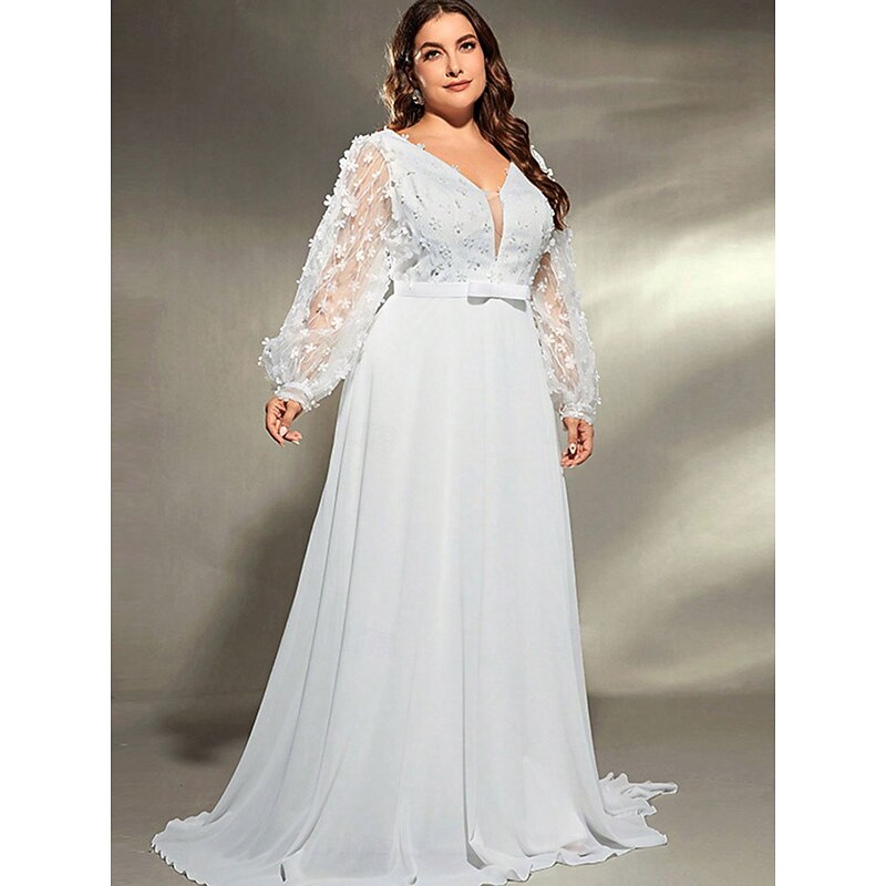 A-Line Evening Gown Elegant Dress Formal Wedding Sweep / Brush Train Long Sleeve V Neck Chiffon with Pleats2