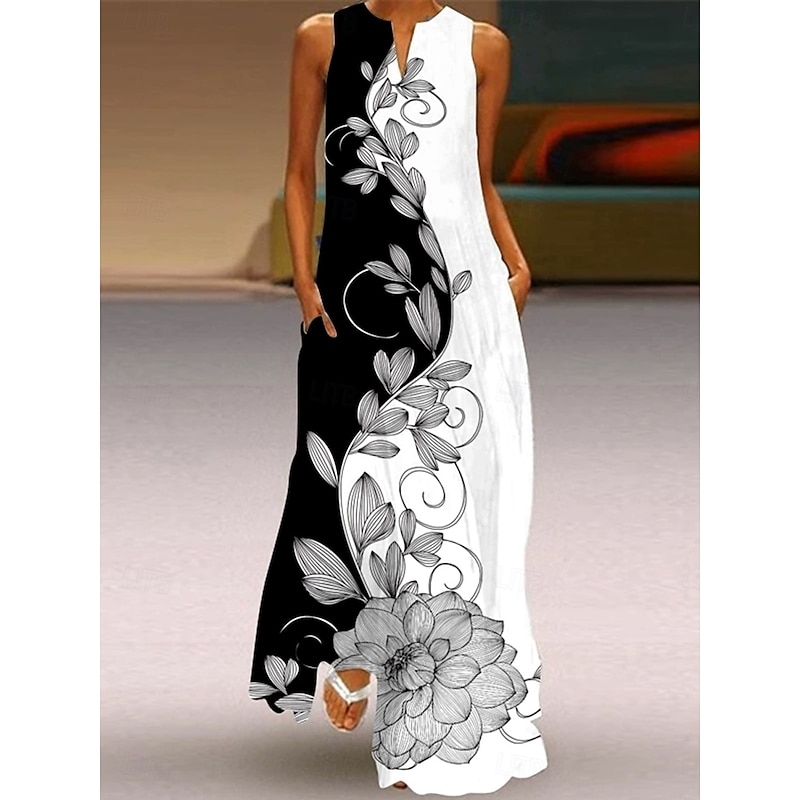 Women's Maxi Dress Sundress A Line Dress Summer Dress Vacation Casual Boho Holiday Loose Fit Ombre Floral Graphic Sleeveless V Neck Notched Neck Black And White Light Yellow Magenta Black Summer