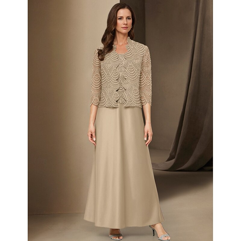 A-Line 3 Piece Mother of the Bride Dress Elegant Simple Casual Boat Neck Ankle Length Satin Long Sleeve with Lace2
