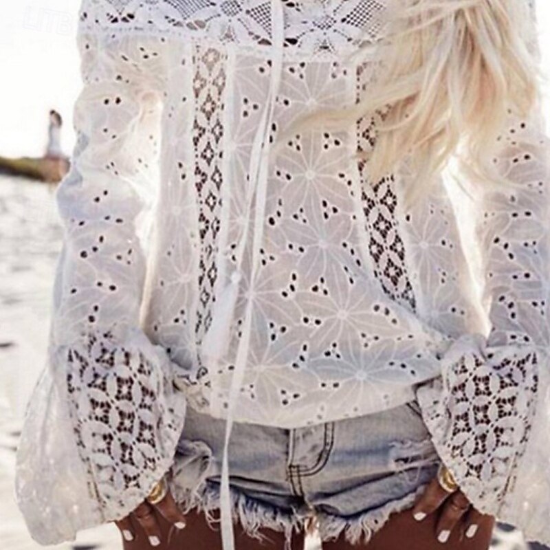 Women's Blouse Lace Tops Plain Modern Casual Long Sleeve Off Shoulder Regular Tops Daily Going out Lace Fringe White Summer3