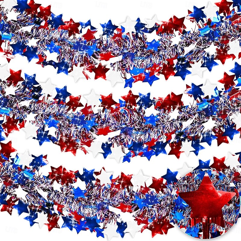 3 Pcs Patriotic Tinsel Garland 4th of July Decorations Total 19.7 Ft  Red White Blue Metallic Glitter Stars Garland Memorial Day National Independence Day Decor Home