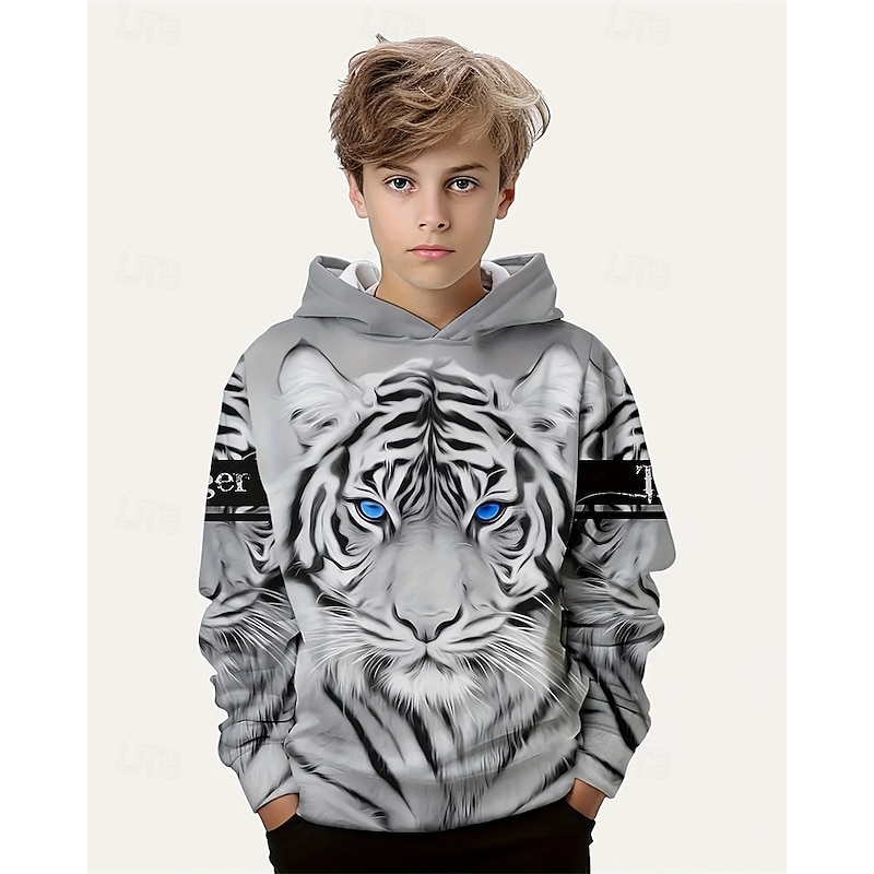 Boys' 3D Animal Tiger Hoodie Long Sleeve Spring Fall Fashion Streetwear Kids 4-12 Years Hooded Outdoor Casual Daily Regular Fit