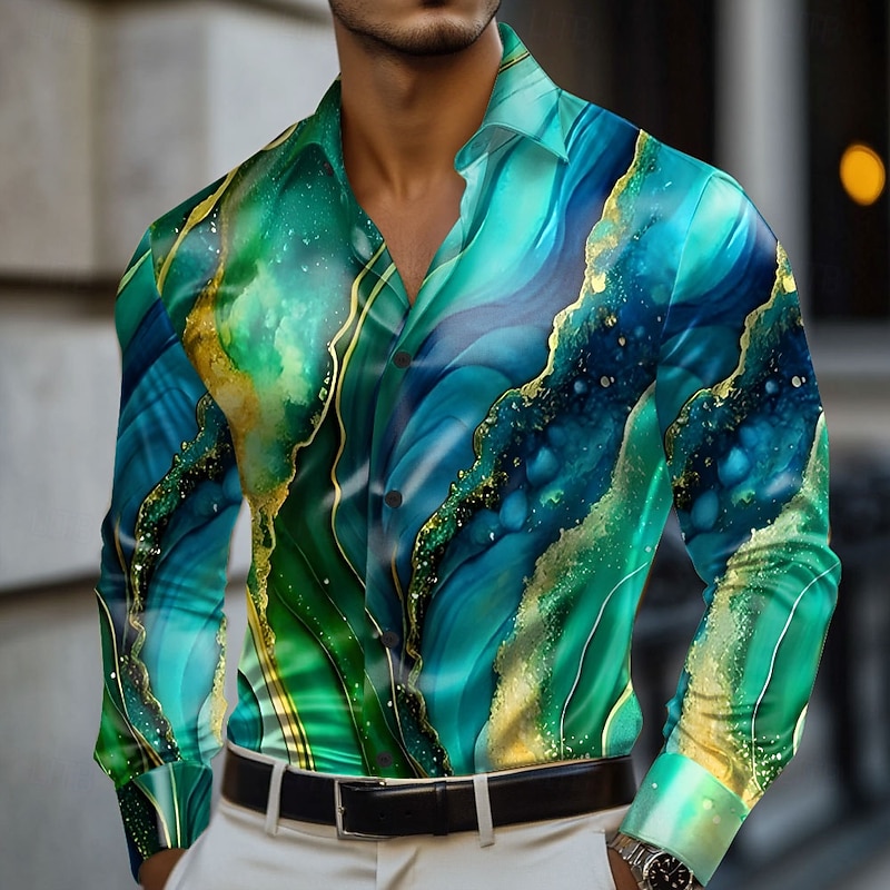 Men's Geometric Marble Abstract Liquid Art Satin Shirt Dress Shirt Long Sleeve Fashion Casual Vacation Holiday Summer Spring Fall Turndown Collared Shirts 3D Print Button Up Shirts Pink Blue Purple