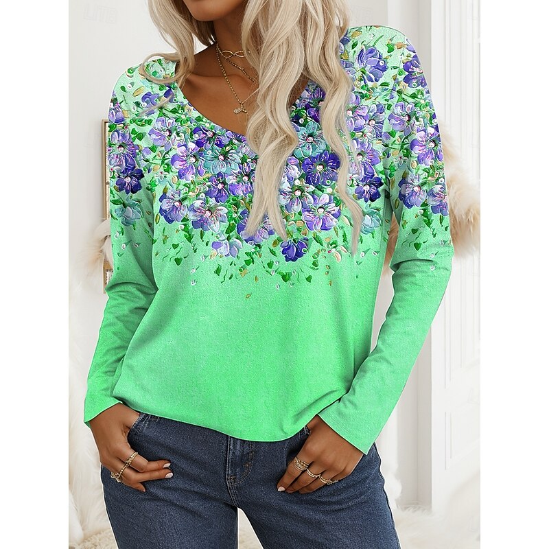 Women's T shirt Long Sleeve V Neck Long Sleeve Tunic Floral Graphic Plants Vintage Stylish Casual Regular Tops Daily Print Yellow Blue Purple Green Spring Fall Prefall4
