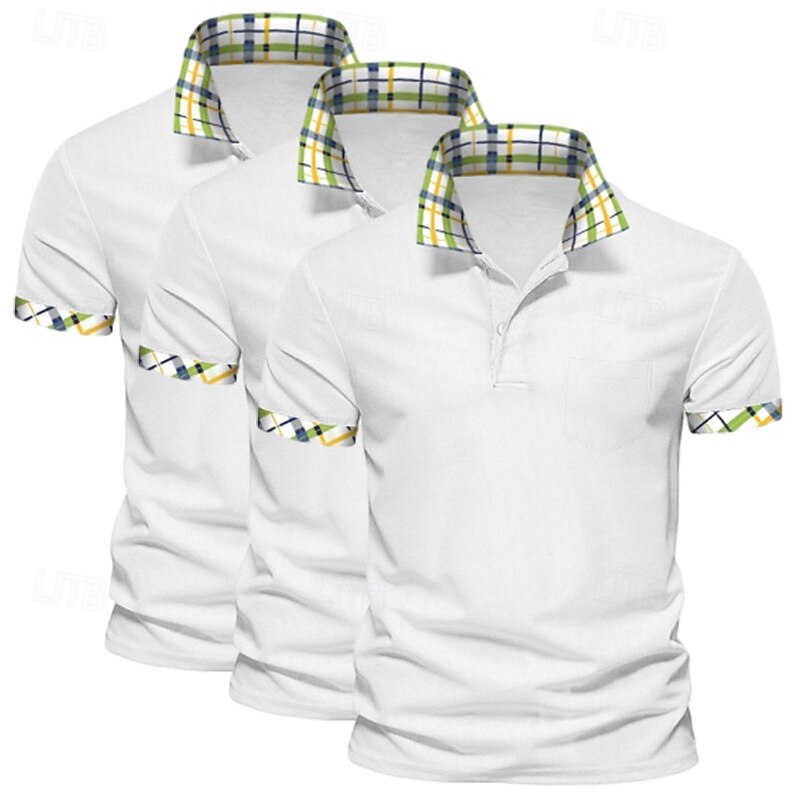 3-Piece  Men's Solid Color Plaid Color Block Polo Shirts Golf Shirt Short Sleeve Lapel Casual Sports & Outdoor Business Casual Buttons Summer Spring Spring &  Fall Green Blue polo shirt3