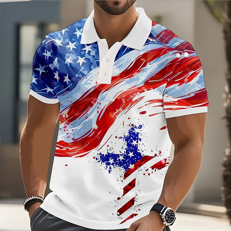American Independence Day Men's American US Flag Polo Short Sleeve Polo Shirts Lapel Casual Athleisure Buttons 3D Print Summer Blue