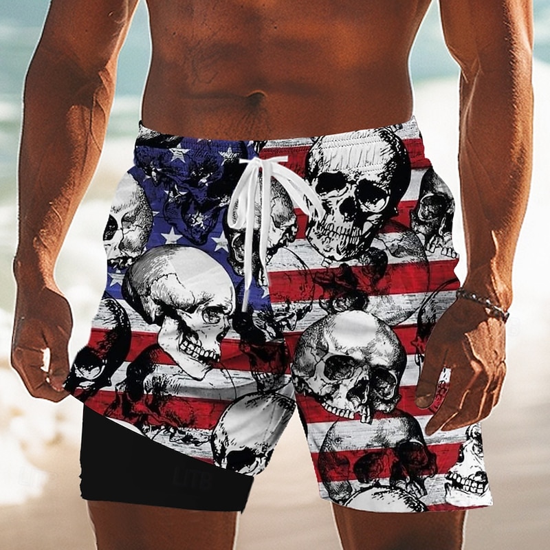 Independence Day Men's US Flag Patriotic Skulls Lined Shorts 2 in 1 Board Shorts Swim Trunks Mid Waist Holiday Side Pockets With Compression Liner Elastic Drawstring Waist Designer Clothing Apparel