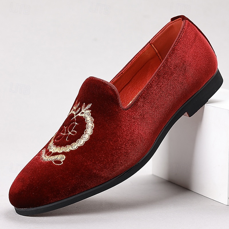 Men's Burgundy Velvet Loafers with Embroidered Crest – Slip-On Party Dress Shoes for Weddings, Banquets & Festive Occasions