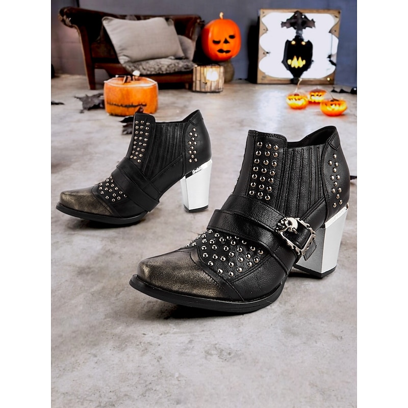 Women's 1980s Black Gothic Ankle Boots with Skull Buckle and Studs, Chunky Heel Punk Booties for Halloween Party and Night Out3
