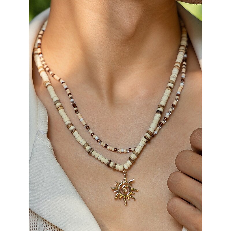 Men's Tribal Beaded Sun Pendant Necklace – Retro Bohemian Layered Jewelry with Adjustable Length for Beach, Festival and Casual Summer Outfits3
