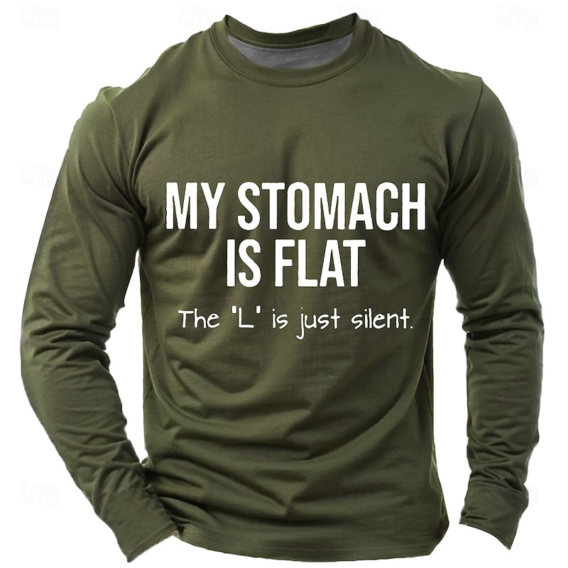 Men's Long Sleeve Graphic Shirt: Funny 'My Stomach Is Flat' Pun Wordplay Humor Design2