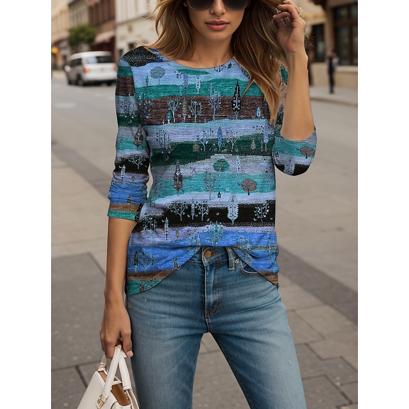 Women's T shirt Long Sleeve Crew Neck Long Sleeve Tunic Graphic Geometric Striped Elegant Vintage Round Neck Regular Tops Daily Going out Weekend Print Yellow Red Blue Purple Green Prefall4