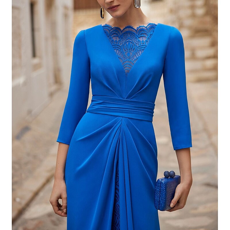 A-Line Evening Gown Elegant Dress Formal Wedding Guest Floor Length Long Sleeve Crew Neck Detachable Stretch Crepe with Ruched2