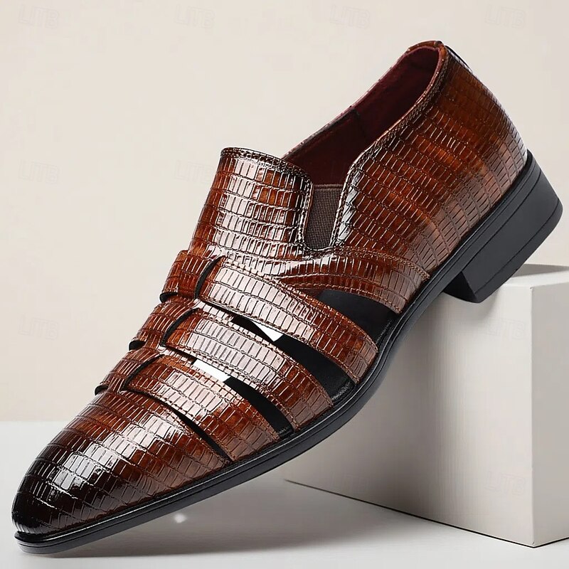 Men's Brown Faux Leather Crocodile-Pattern Slip-On Shoes – Fashionable Loafers for Casual, Business and Semi-Formal Events