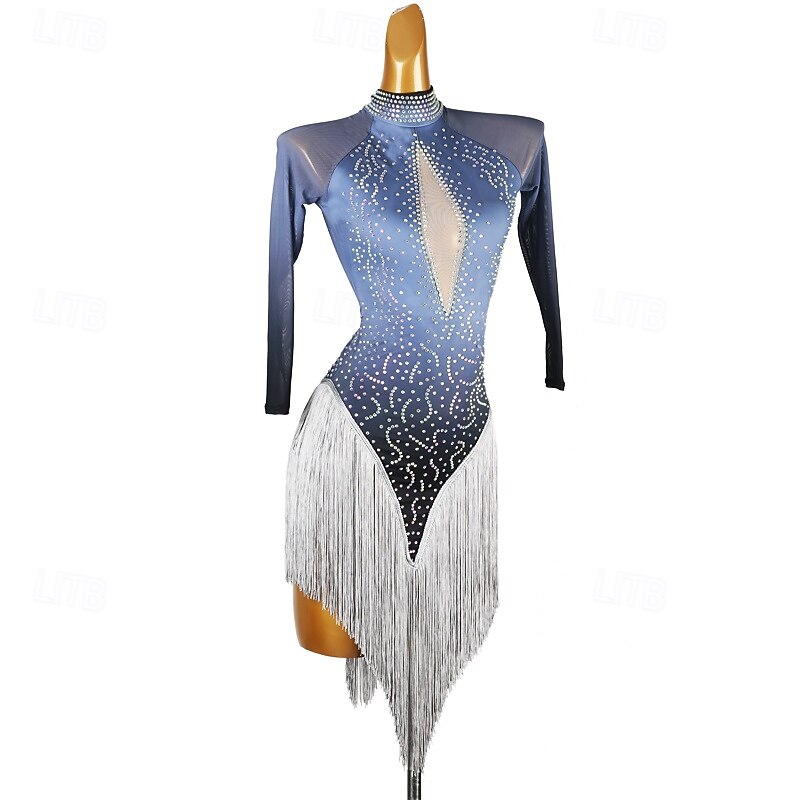 Latin Dance Dress Tassel Splicing Crystals / Rhinestones Women's Performance Training Long Sleeve Chinlon Mesh Spandex3