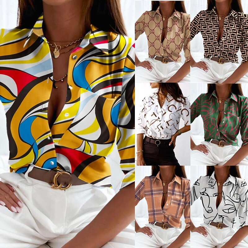 Women's Shirt Blouse Flower Modern Casual Long Sleeve Shirt Collar Regular Tops Daily Holiday Buttons Print White Yellow Light Brown Brown Green Summer