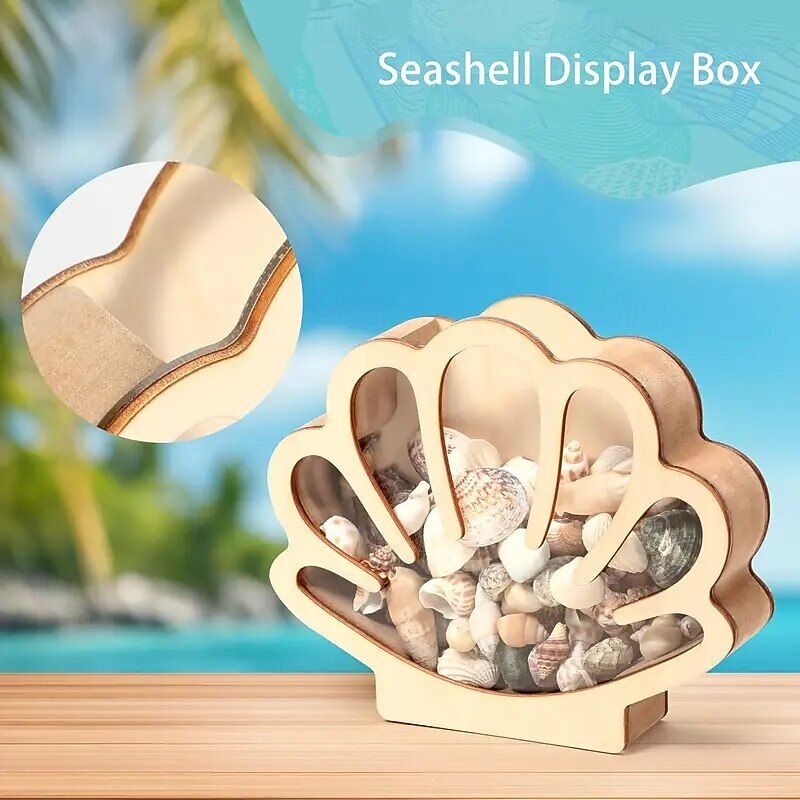 Shell-Shaped Wooden Storage Box, Vintage Style Desktop Tray with Transparent Display, Seashell Jewelry Organizer, Wooden Craft Decorative Storage for Home