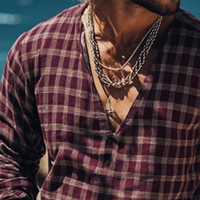 Men's Shirt Linen Shirt Popover Shirt Casual Shirt Plaid Vacation Hawaiian Wine Long Sleeve V Neck Spring Fall Clothing Apparel2