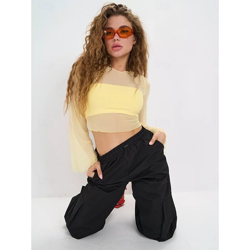 Retro Vintage 1970s Groovy Crop Top Bell Sleeve Disco Mesh Round Neck Fancy Dress Women's Halloween Carnival Music Festival Retro Theme Party Adults' Top4