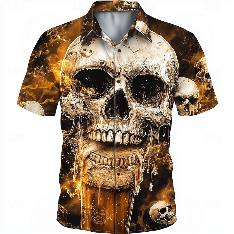 Men's 3D Oktoberfest Beer Skulls Shirt Summer Shirt Button Up Shirt Short Sleeve Vintage Retro Outdoor Holiday Summer Spring Turndown 3D Print Collared Shirts Black 1 Black Orange