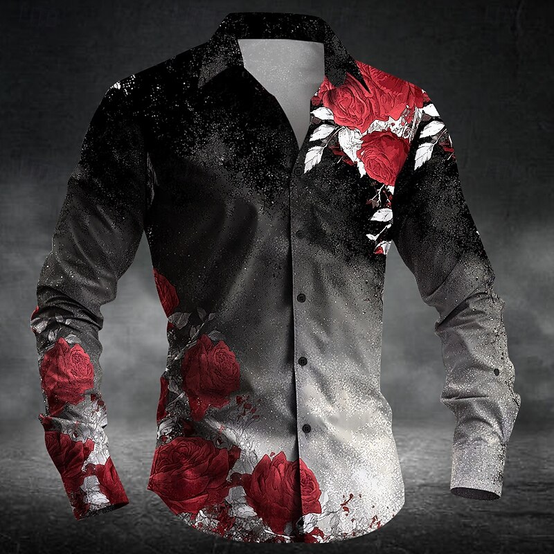Men's Romantic Glitter Shine Halloween Costumes Shirt Button Up Shirt Long Sleeve Dark Gothic Style Holiday Streetwear Summer Spring Turndown 3D Print Collared Shirts Black