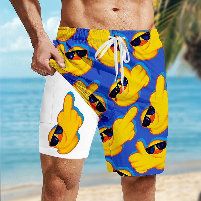 Men's Little Yellow Duck Funny Lined Shorts 2 in 1 Board Shorts Swim Shorts Mid Waist Hawaiian Holiday Side Pockets With Compression Liner Elastic Drawstring Waist Designer Clothing Apparel3