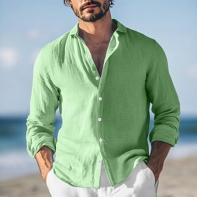 Men's Shirt Linen Shirt Summer Shirt Beach Wear Button Up Shirt Plain Vacation Casual Red Blue Green Gray Long Sleeve Turndown Summer Spring & Summer Clothing Apparel