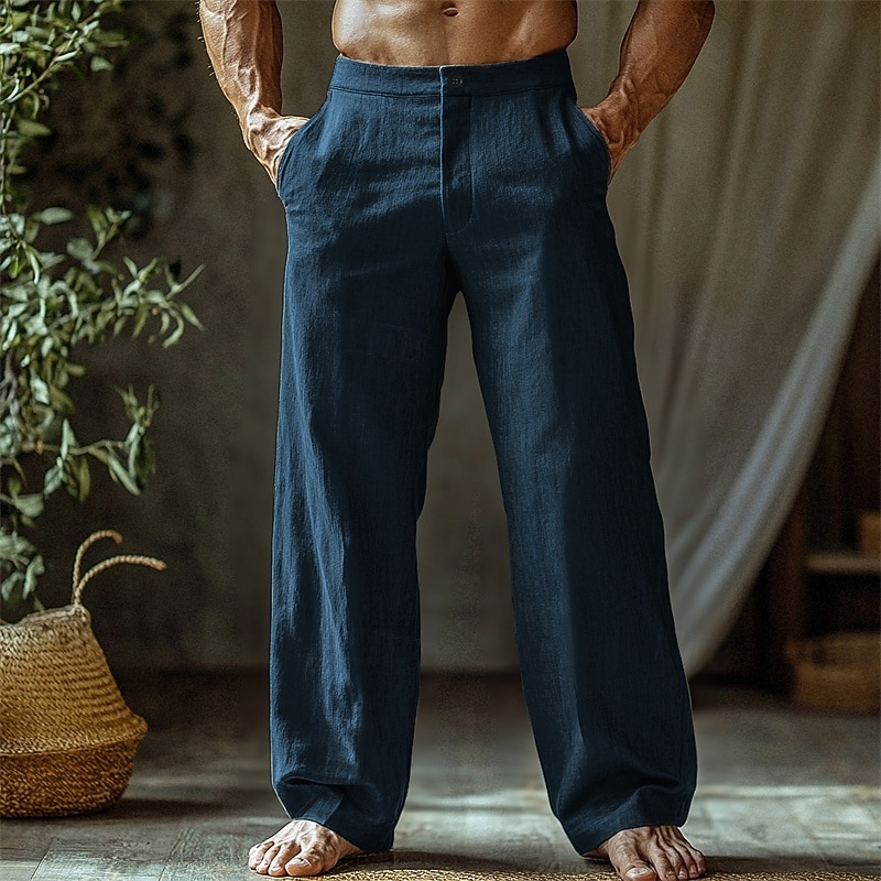 Men's Linen Pants Trousers Summer Pants Beach Pants Buttons Pocket Straight Leg Plain Comfort Breathable Vacation Daily Holiday Hawaiian Boho Black White3