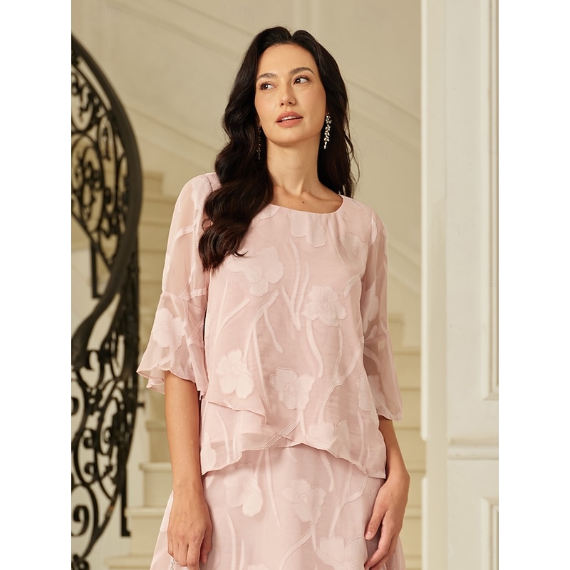 Women's Lace Shirt Blouse Dressy Tops Chiffon Tops Solid Color Elegant Stylish Basic 3/4 Length Sleeve Bell Sleeve Boat Neck Regular Tops Wedding Guest Work Daily Asymmetric Hem Pink Summer Spring