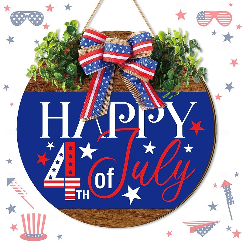 Patriotic Welcome Sign for Front Door 4th of July Independence Day Wreath Decorations Outdoor Door Hanger for Porch, Wall, Window 12