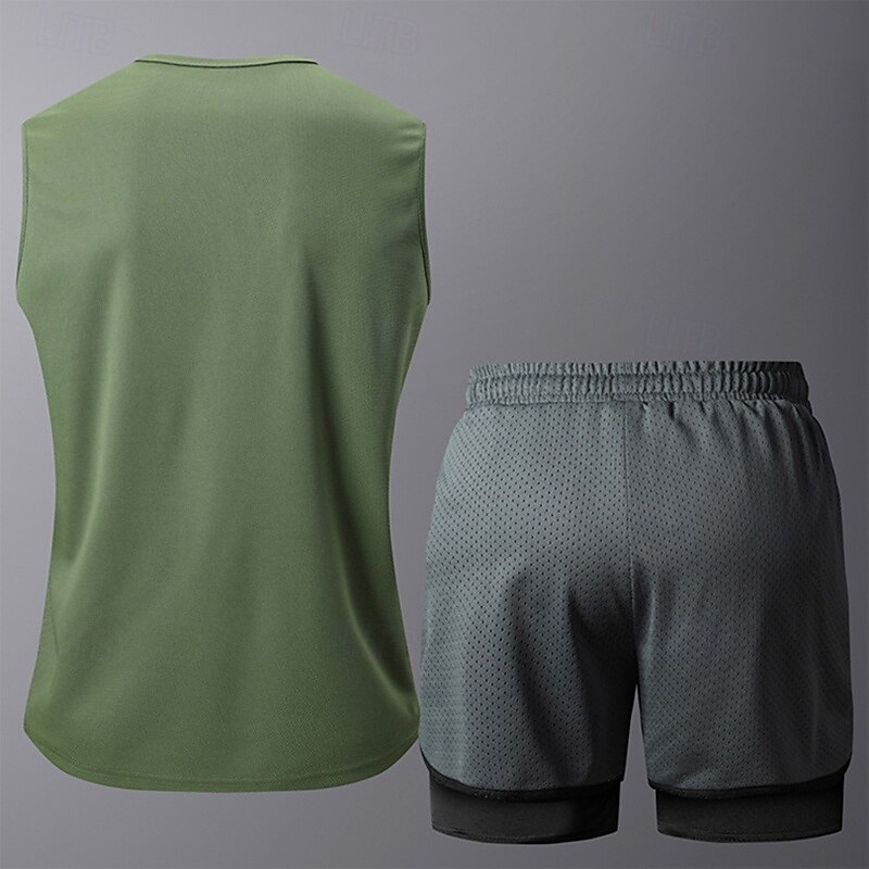 Men's Activewear Set Sports Set Elastic Waistband Solid Colored Clothing Suit Summer White Army Green Gym Workout Sports Soft Quick-drying Sleeveless Sport Activewear Micro-elastic Regular Fit2