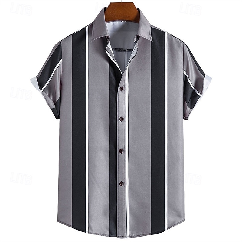 Men's Shirt Summer Shirt Casual Shirt Beach Shirt Button Up Shirt Blue Gold Green Dark Gray Gray Short Sleeve Stripes Lapel Vacation Hawaiian Clothing Apparel Polyester Fashion Casual Comfortable4