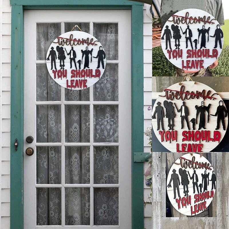 Halloween Horror Welcome Sign - Horror Welcome Pendant at the Front Door - Wooden Crafts Door Hanging Sign