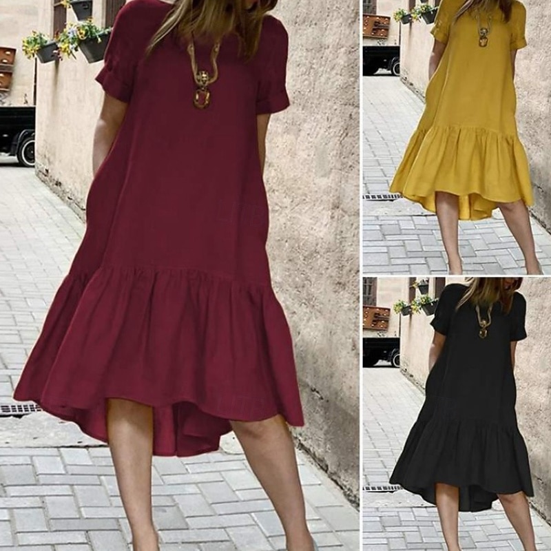 Women's Midi Dress Casual Dress Peplum Dresses Classic Modern Outdoor Vacation Daily Regular Fit Plain Short Sleeve Crew Neck Black Yellow Wine Summer