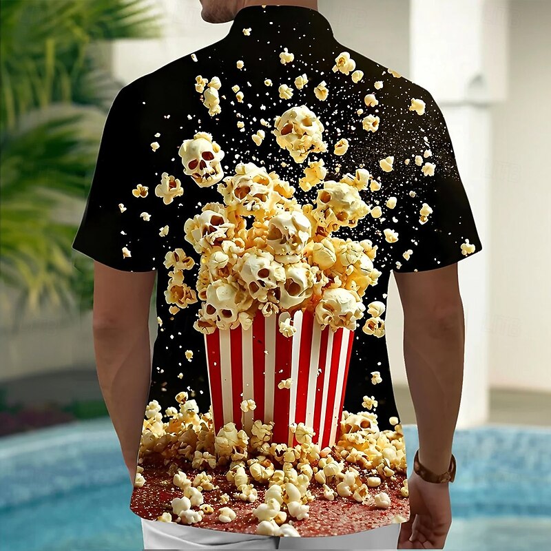 Men's Food Popcorn Shirt Summer Hawaiian Shirt Button Up Shirt Short Sleeve Hawaiian Holiday Beach Wear Summer Spring Turndown 3D Print Collared Shirts Front One Pocket Black2