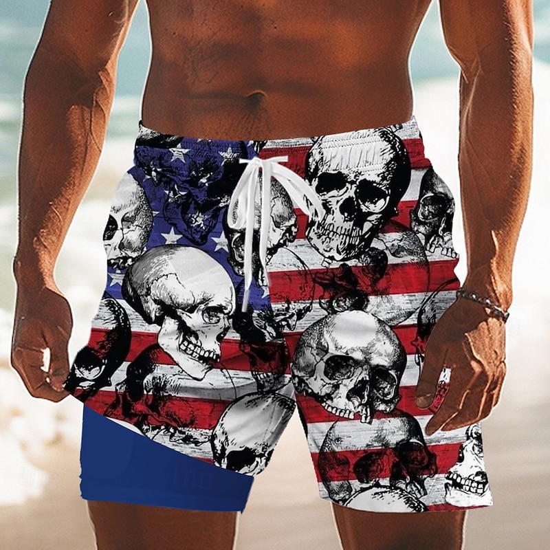 Independence Day Men's US Flag Patriotic Skulls Lined Shorts 2 in 1 Board Shorts Swim Trunks Mid Waist Holiday Side Pockets With Compression Liner Elastic Drawstring Waist Designer Clothing Apparel2