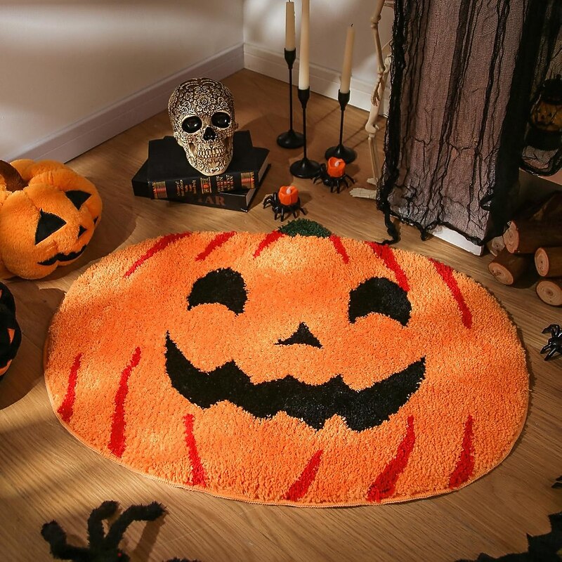 Pumpkin Bathroom Rugs for Happy Halloween, Cute Pumpkin Shaped Rugs, Machine Washable Orange Bath Rugs, Tub Living Bedroom Kids Room Kitchen Decoration, Area Rugs Gift
