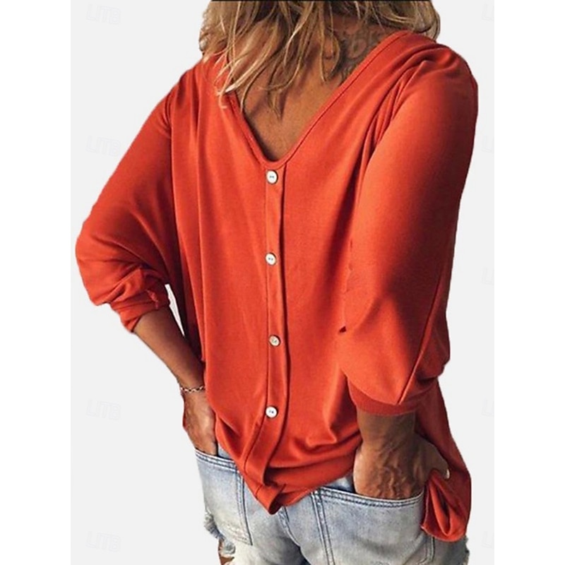 Women's Blouse Solid Color Stylish Casual Long Sleeve V Neck Regular Tops Daily Black White Wine Blue Orange Summer Spring2