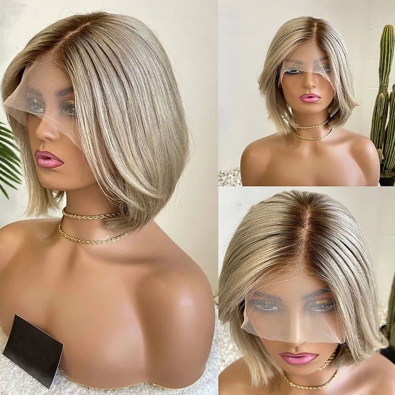 Brazilian Hair Remy Human Hair Ombre Hair 5x5 Closure Glueless Wigs Straight Ash Blonde 13x4 Lace Front Wig Short Bob Layered Haircut Wig with Baby Hair Pre-Plucked For Women