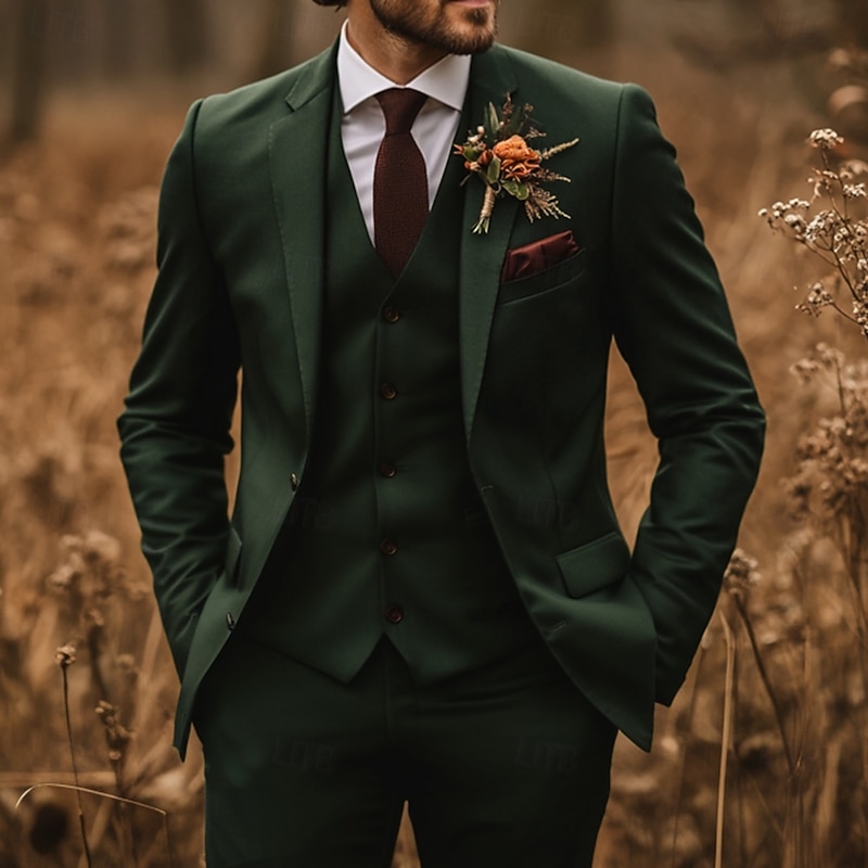 Men's Wedding Suits Notch Lapel Dark Green Fashion Formal Solid Colored Standard Fit 3 Piece Single Breasted Two-buttons