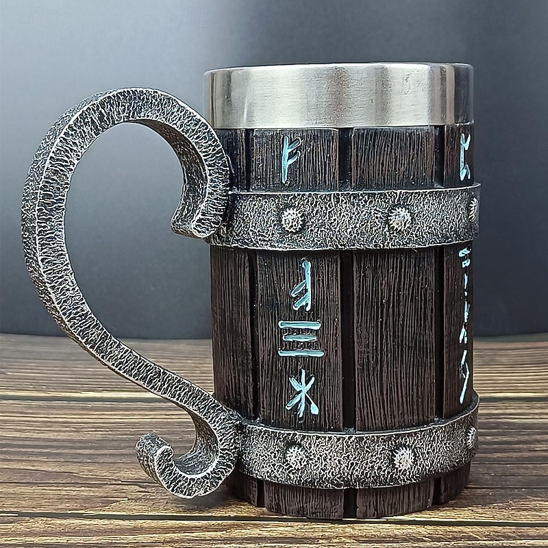 Vintage Wooden Barrel Beer Mug,Oktoberfest Gift Mug Large Resin Coffee Tankard with Stainless Steel Liner, Rustic Bamboo Style Stein for Bar, Pub, or Home Use2